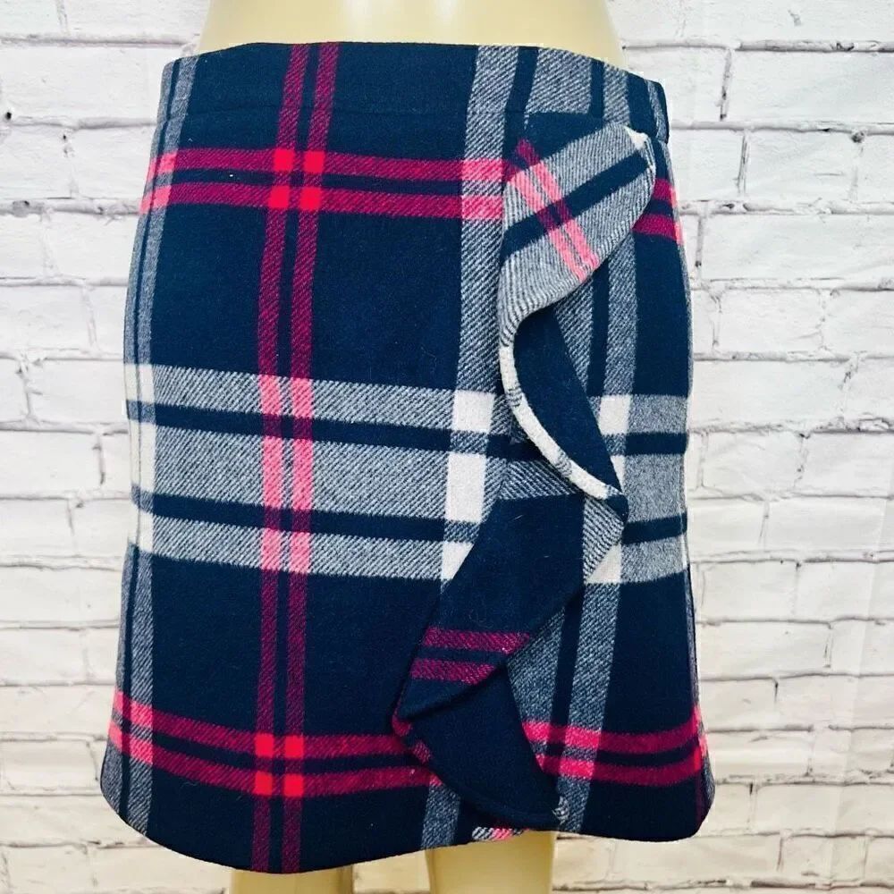 J. Crew Womens Multicolor Wool Blend Ruffle Detail Plaid Mini Skirt Size 8